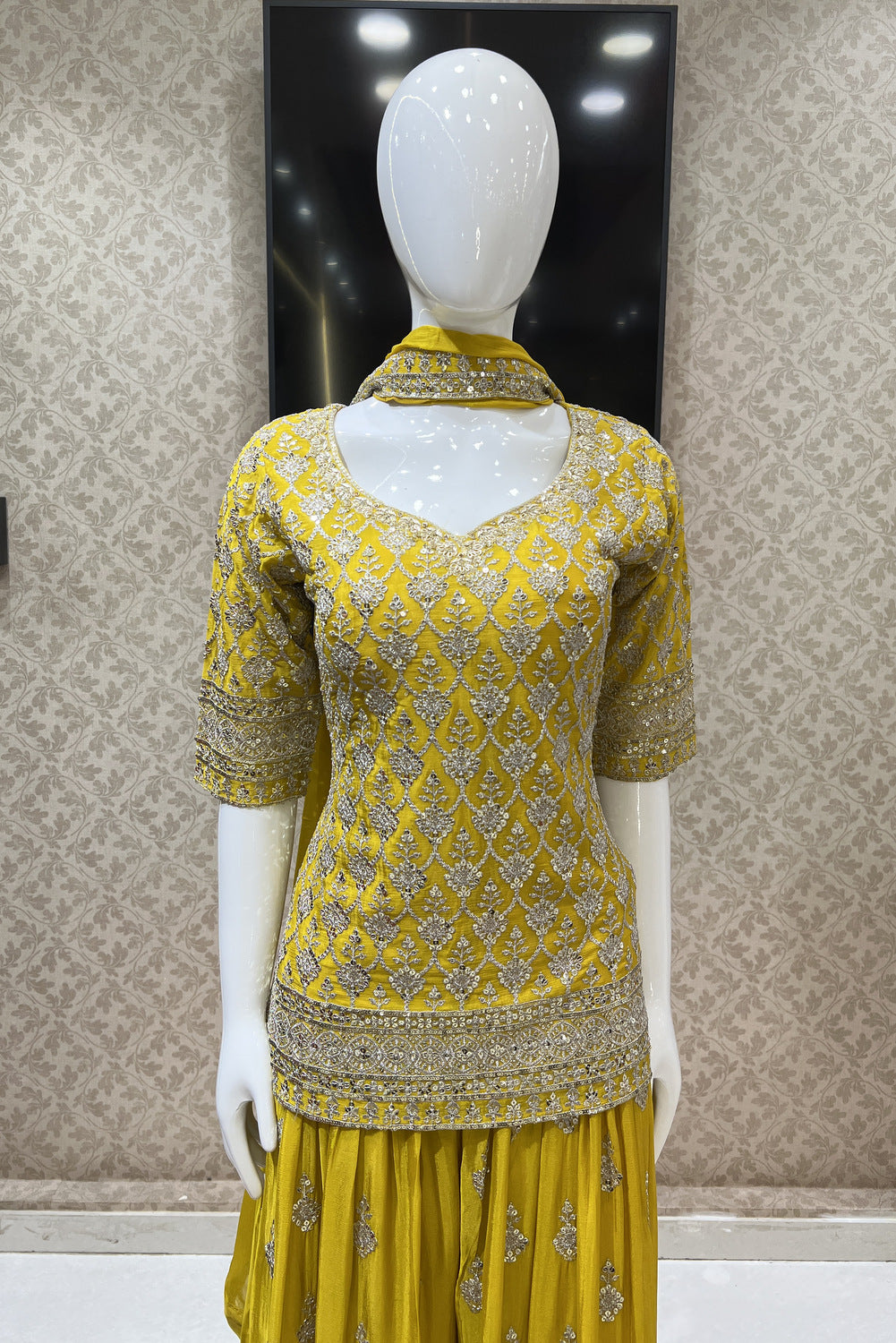 Yellow Silver Zari and Sequins work Palazzo Salwar Suit