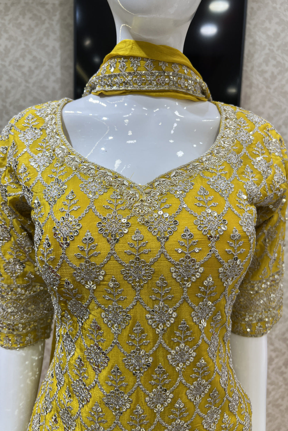 Yellow Silver Zari and Sequins work Palazzo Salwar Suit