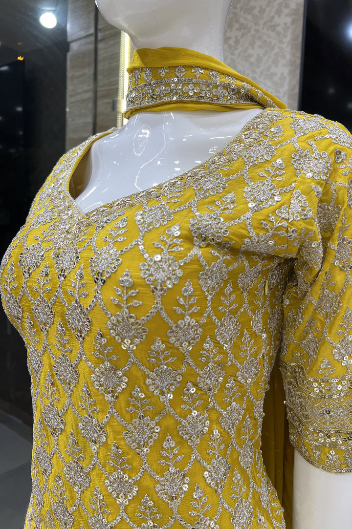 Yellow Silver Zari and Sequins work Palazzo Salwar Suit