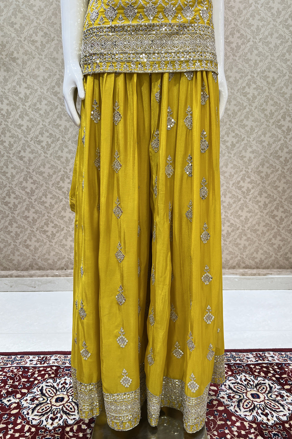 Yellow Silver Zari and Sequins work Palazzo Salwar Suit