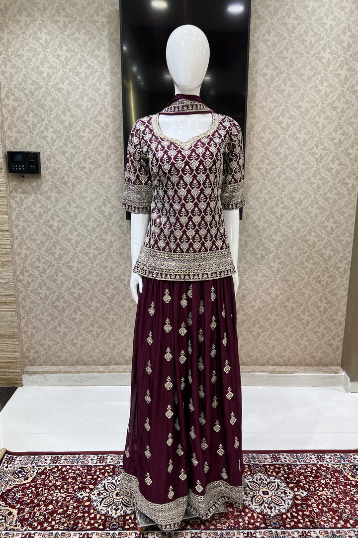 Wine Silver Zari and Sequins work Palazzo Salwar Suit