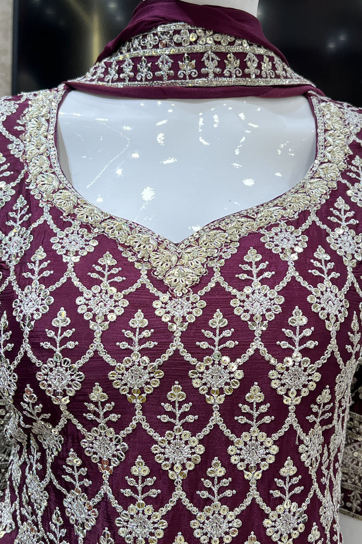 Wine Silver Zari and Sequins work Palazzo Salwar Suit