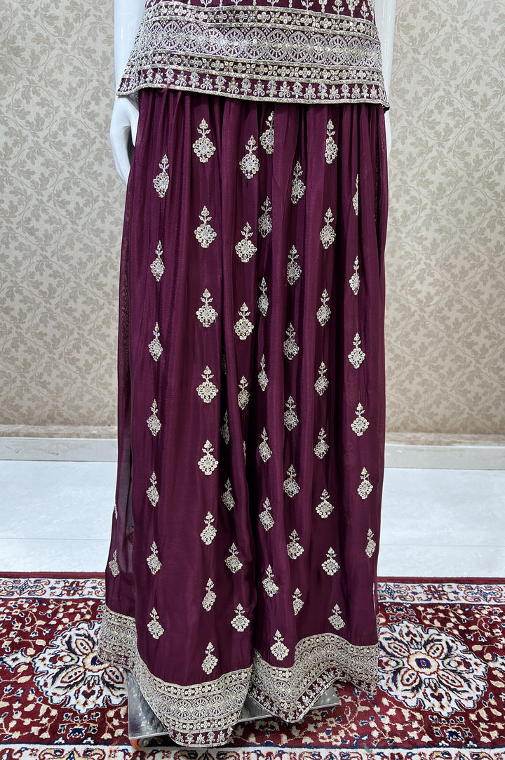 Wine Silver Zari and Sequins work Palazzo Salwar Suit