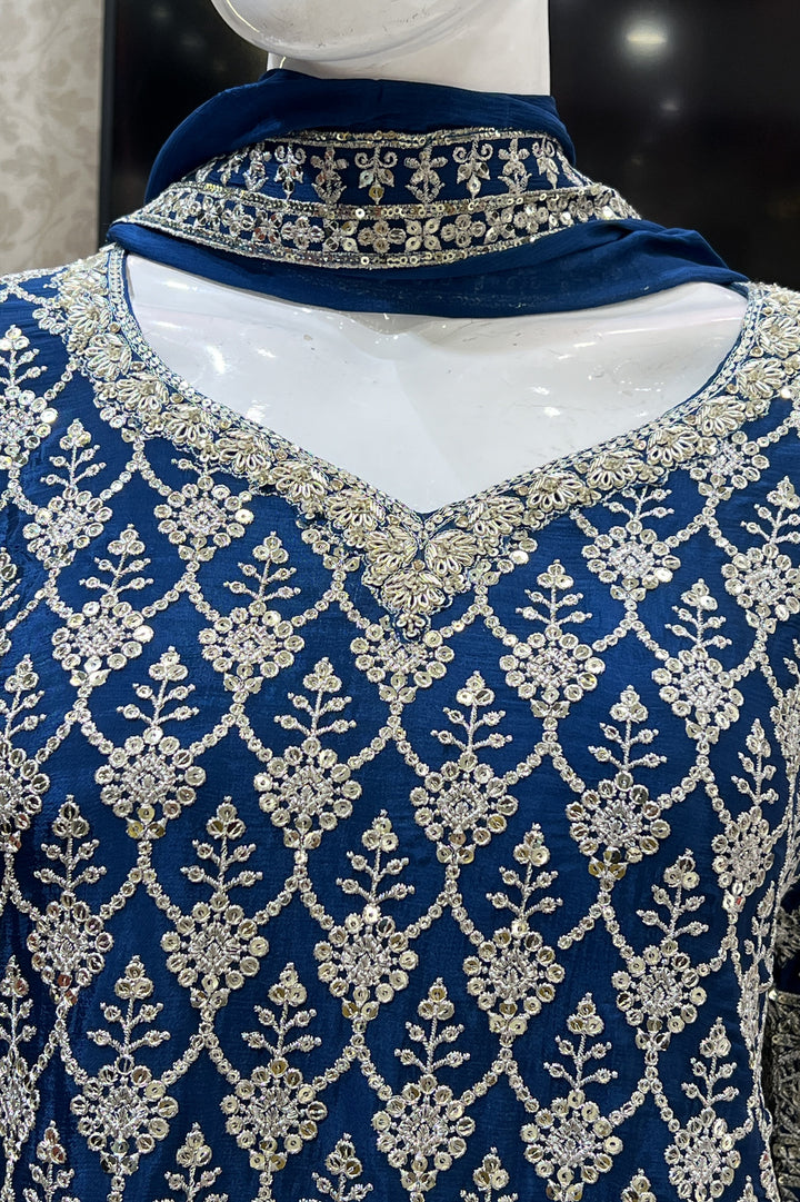 Teal Blue Silver Zari and Sequins work Palazzo Salwar Suit