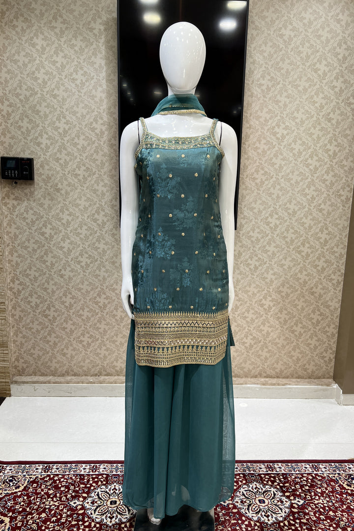 Sea Green Banaras, Sequins, Zari, Mirror, Stone and Beads work Palazzo Salwar Suit