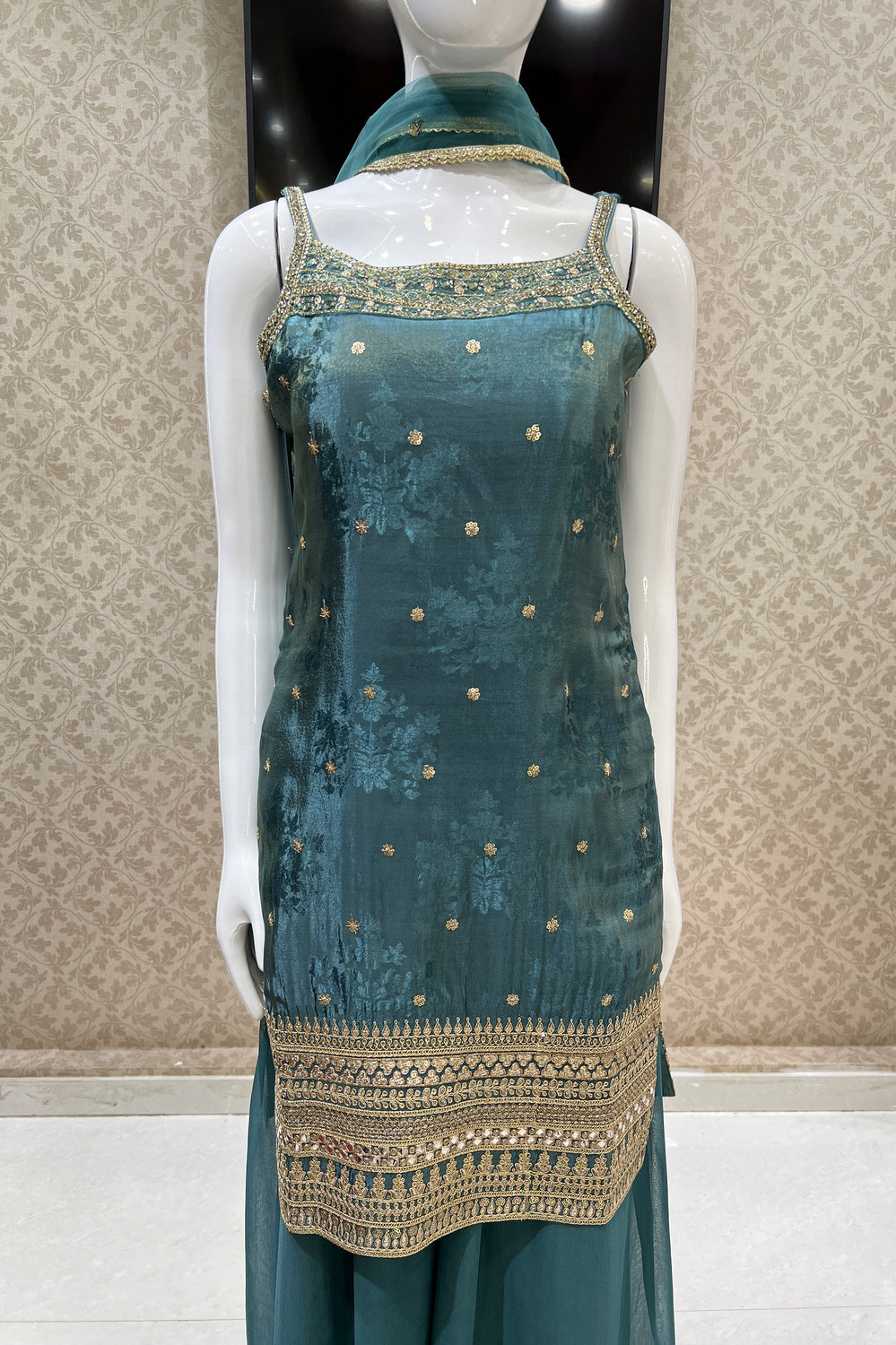 Sea Green Banaras, Sequins, Zari, Mirror, Stone and Beads work Palazzo Salwar Suit