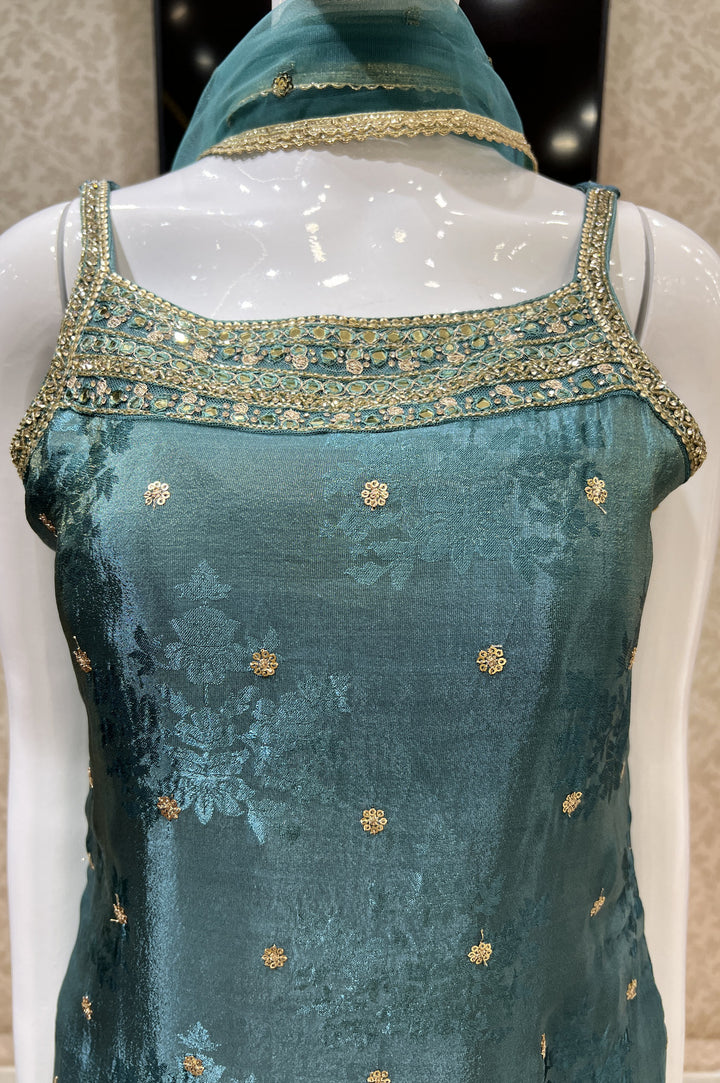 Sea Green Banaras, Sequins, Zari, Mirror, Stone and Beads work Palazzo Salwar Suit