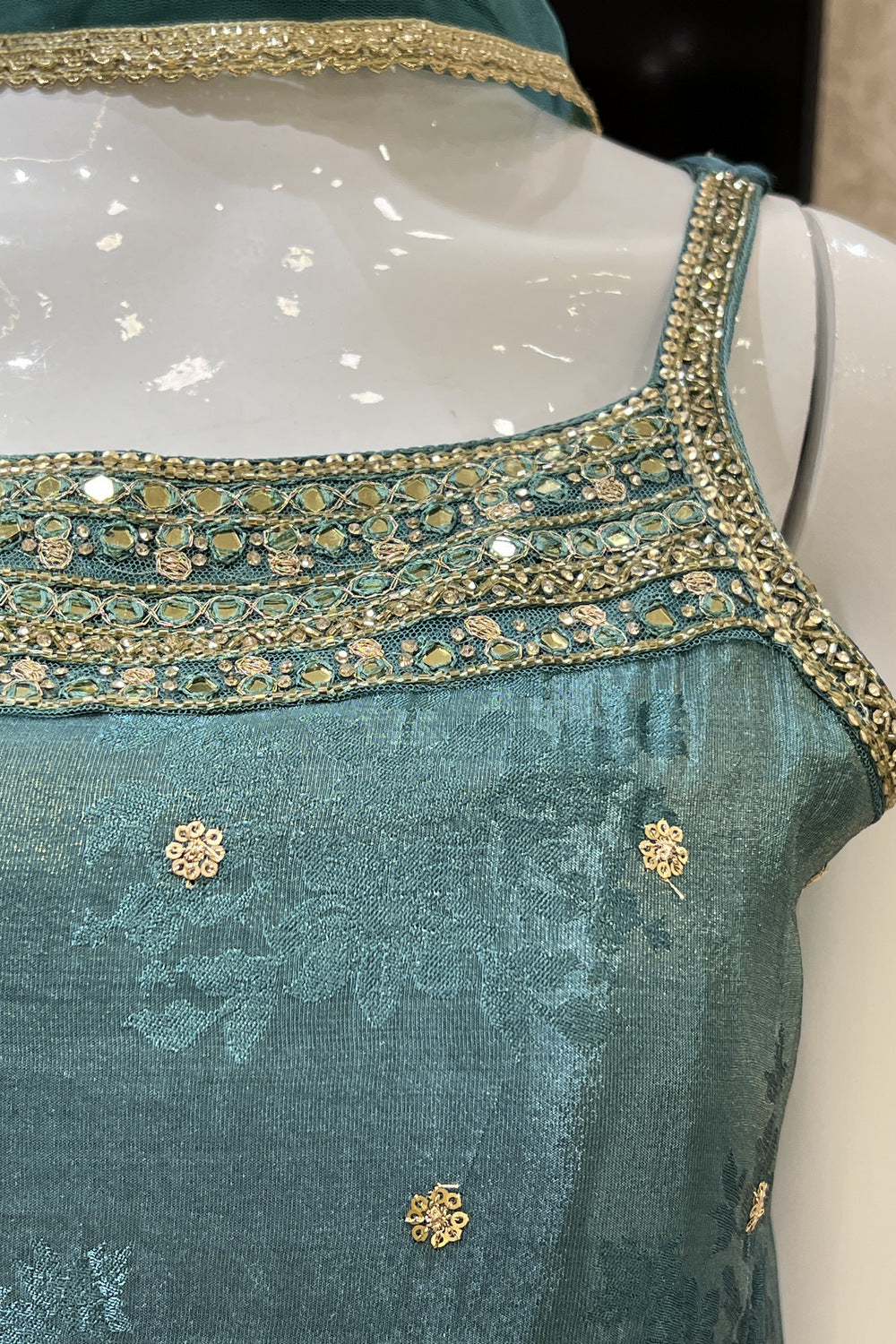 Sea Green Banaras, Sequins, Zari, Mirror, Stone and Beads work Palazzo Salwar Suit