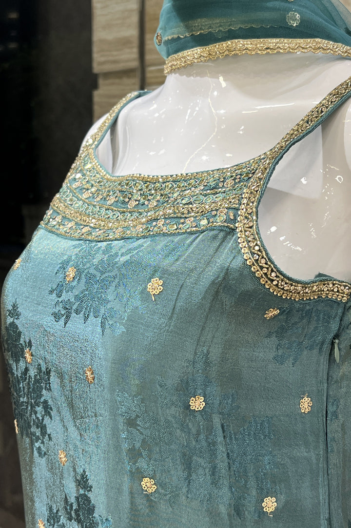 Sea Green Banaras, Sequins, Zari, Mirror, Stone and Beads work Palazzo Salwar Suit