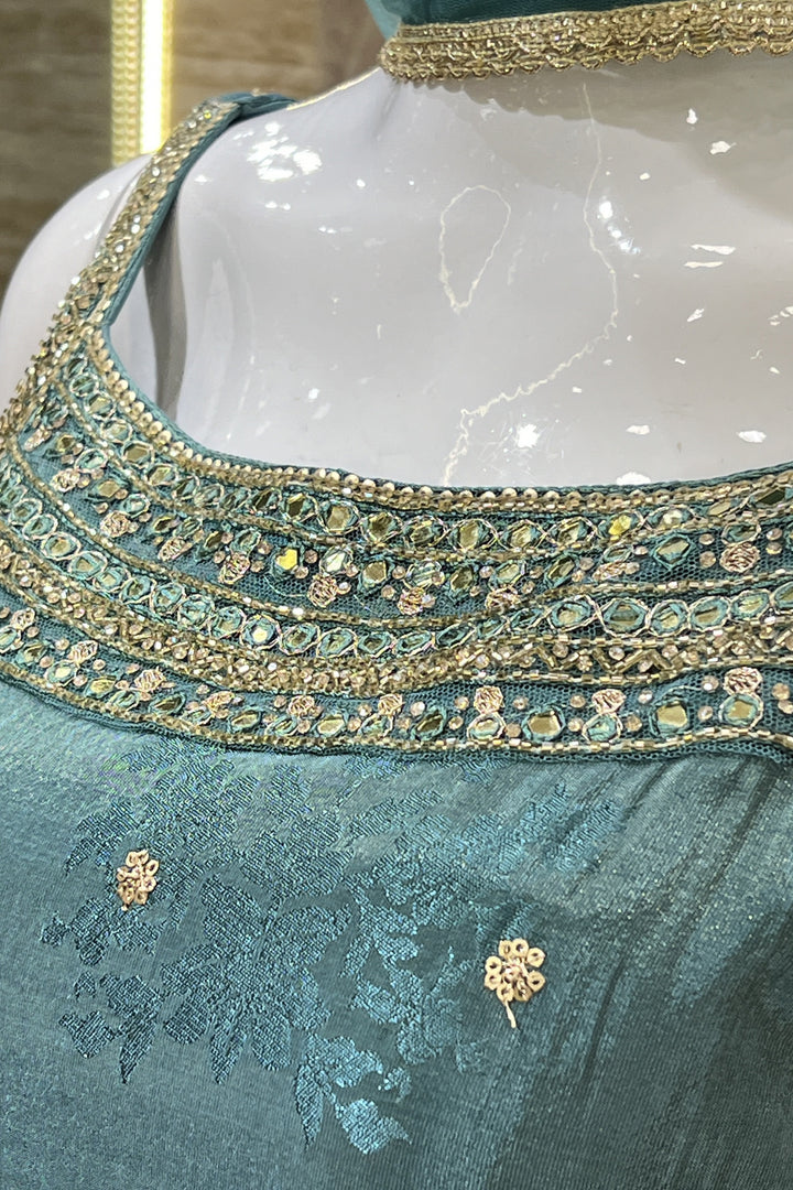 Sea Green Banaras, Sequins, Zari, Mirror, Stone and Beads work Palazzo Salwar Suit