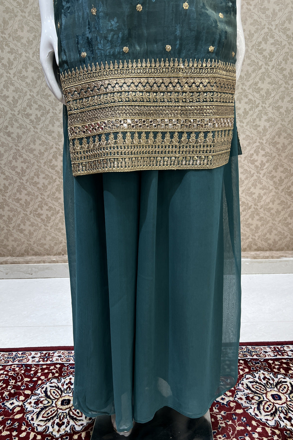 Sea Green Banaras, Sequins, Zari, Mirror, Stone and Beads work Palazzo Salwar Suit