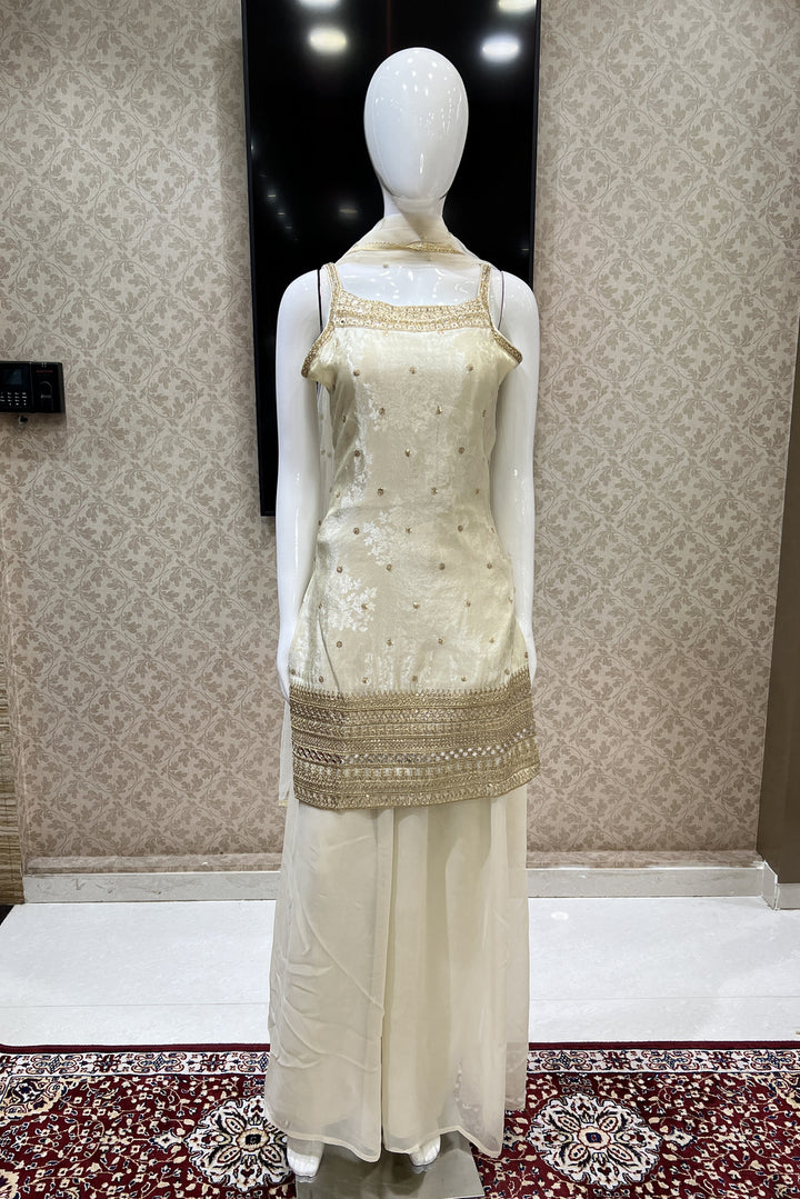 Cream Banaras, Sequins, Zari, Mirror, Stone and Beads work Palazzo Salwar Suit