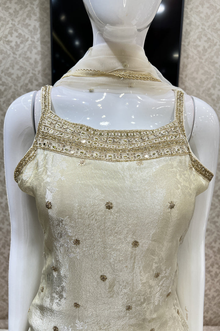 Cream Banaras, Sequins, Zari, Mirror, Stone and Beads work Palazzo Salwar Suit