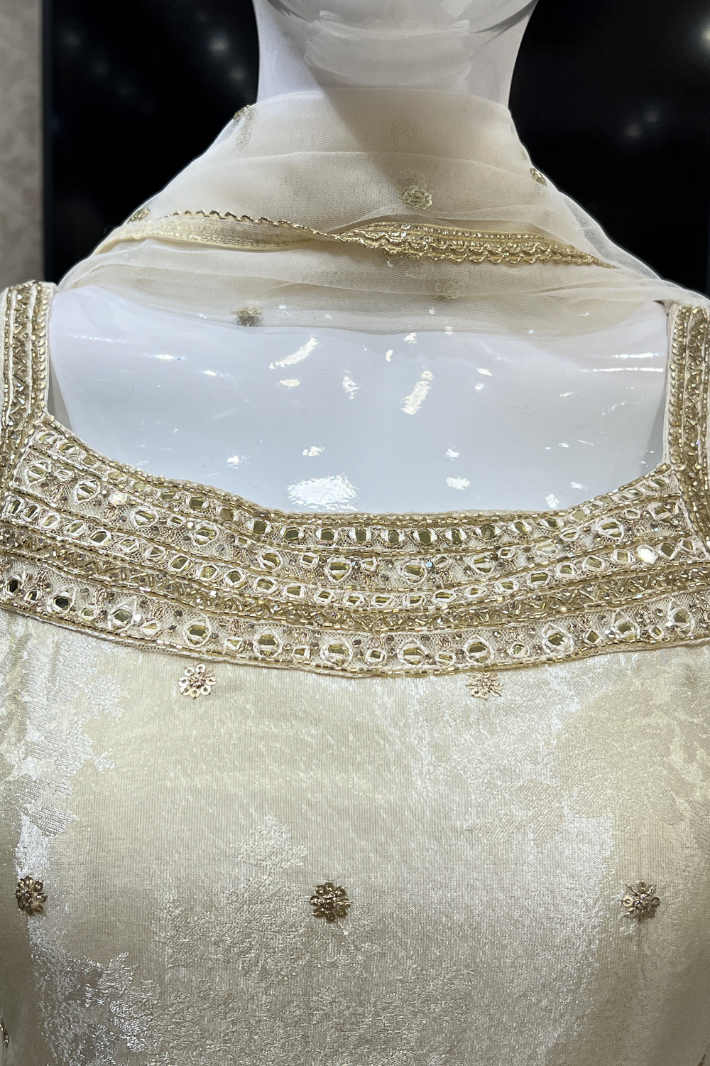 Cream Banaras, Sequins, Zari, Mirror, Stone and Beads work Palazzo Salwar Suit