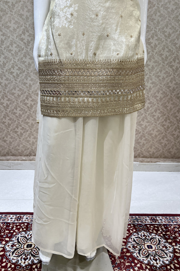 Cream Banaras, Sequins, Zari, Mirror, Stone and Beads work Palazzo Salwar Suit