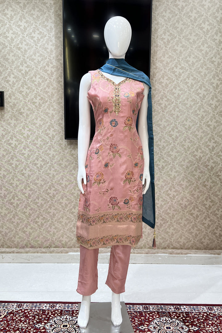 Peach Banaras, Gota Patti and Sequins work with Floral Print Straight Cut Salwar Suit