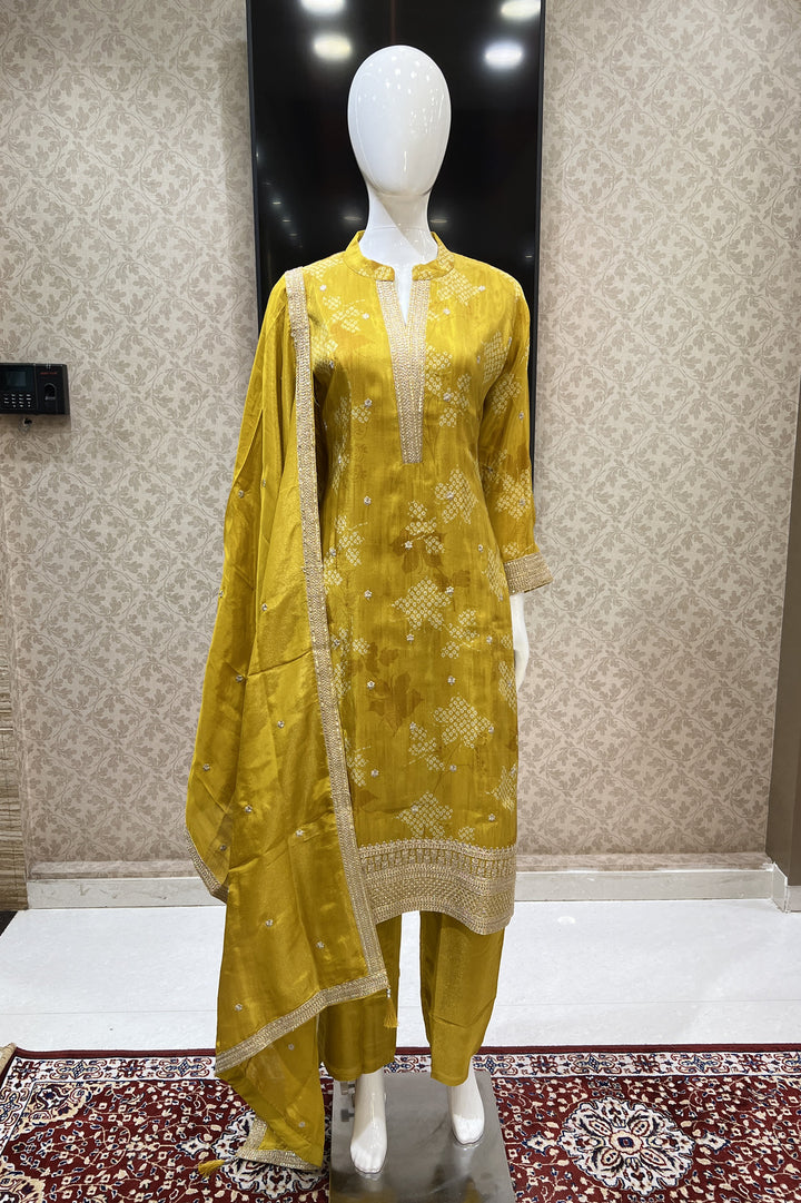 Mustard Sequins and Zari work with Digital Print Straight Cut Salwar Suit