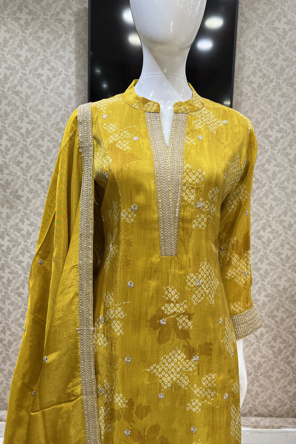 Mustard Sequins and Zari work with Digital Print Straight Cut Salwar Suit