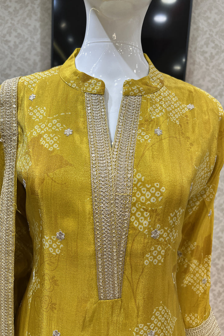 Mustard Sequins and Zari work with Digital Print Straight Cut Salwar Suit