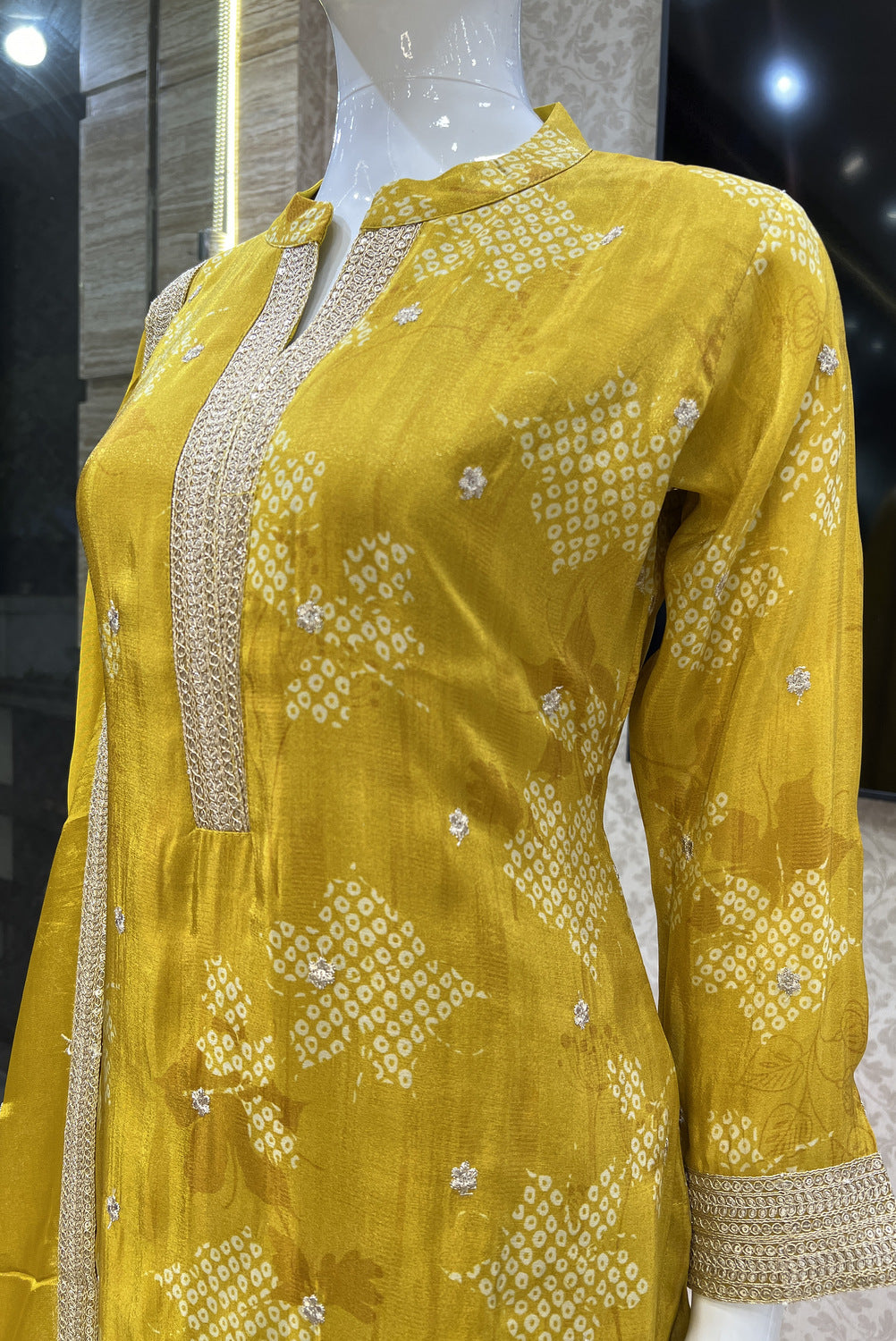 Mustard Sequins and Zari work with Digital Print Straight Cut Salwar Suit