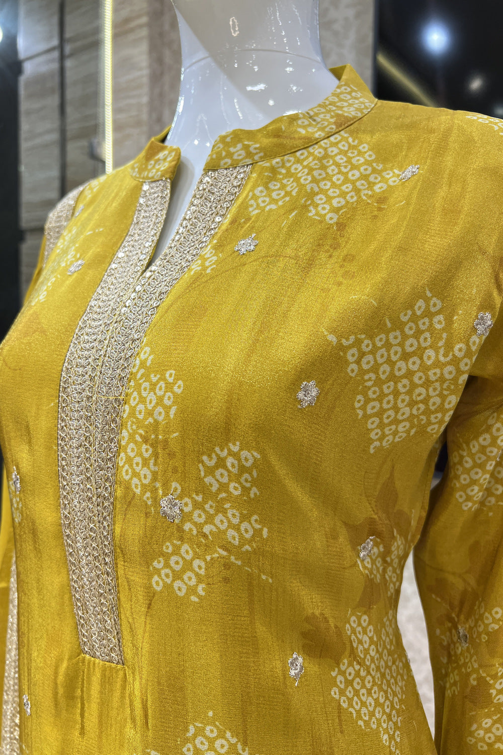 Mustard Sequins and Zari work with Digital Print Straight Cut Salwar Suit