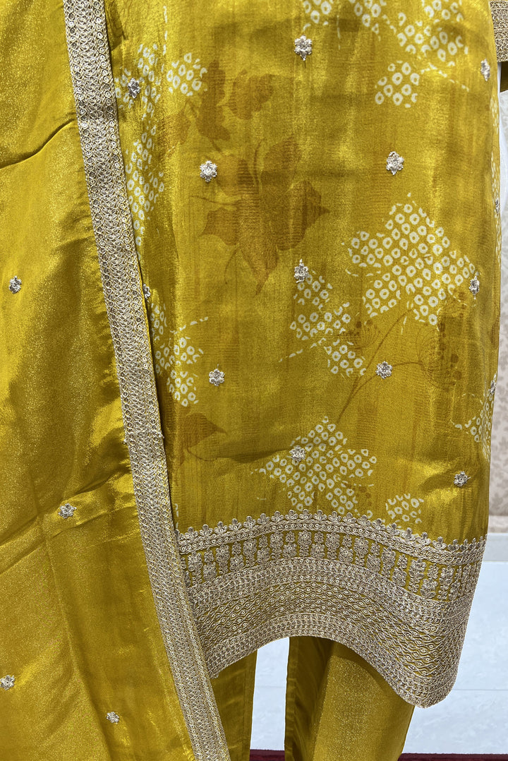 Mustard Sequins and Zari work with Digital Print Straight Cut Salwar Suit