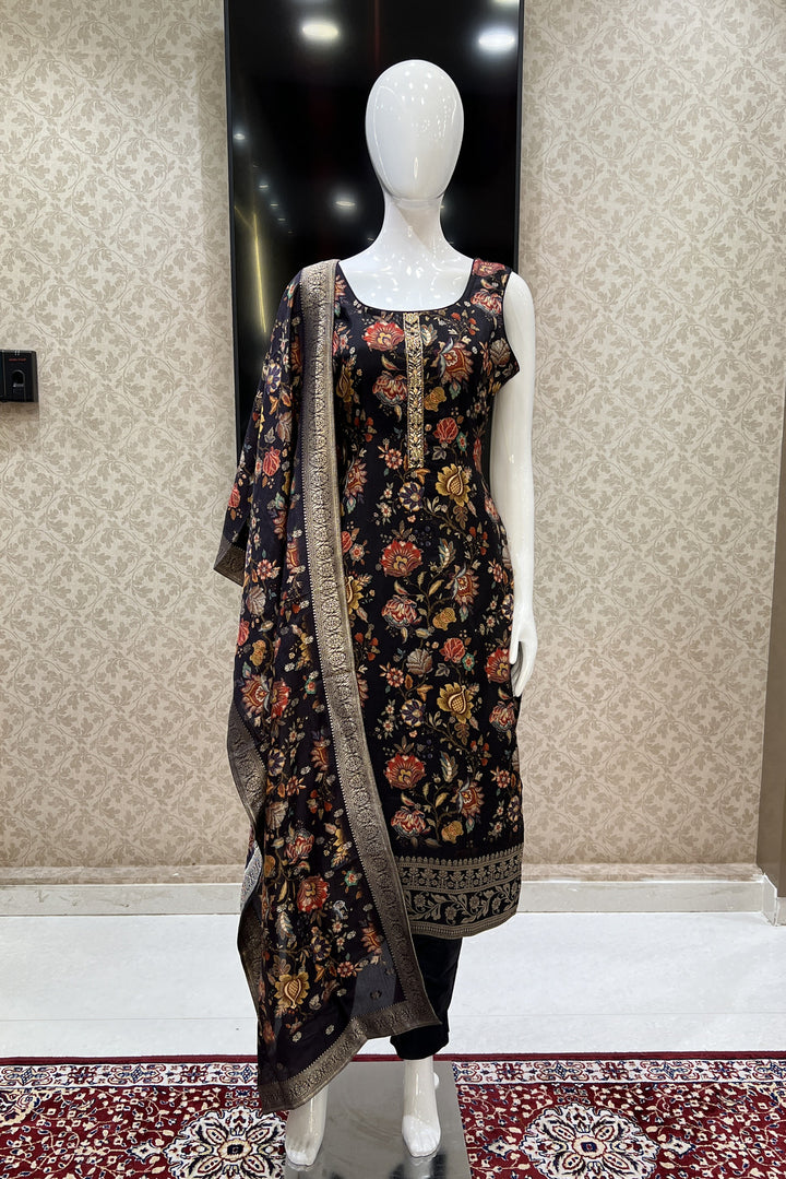 Black Banaras Butta, Zardozi and Stone work with Floral Print Straight Cut Salwar Suit