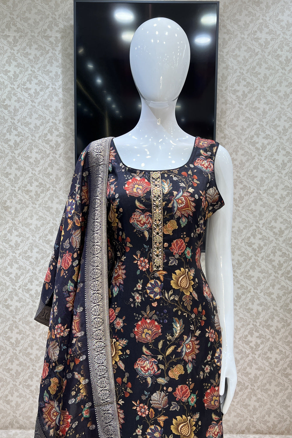 Black Banaras Butta, Zardozi and Stone work with Floral Print Straight Cut Salwar Suit