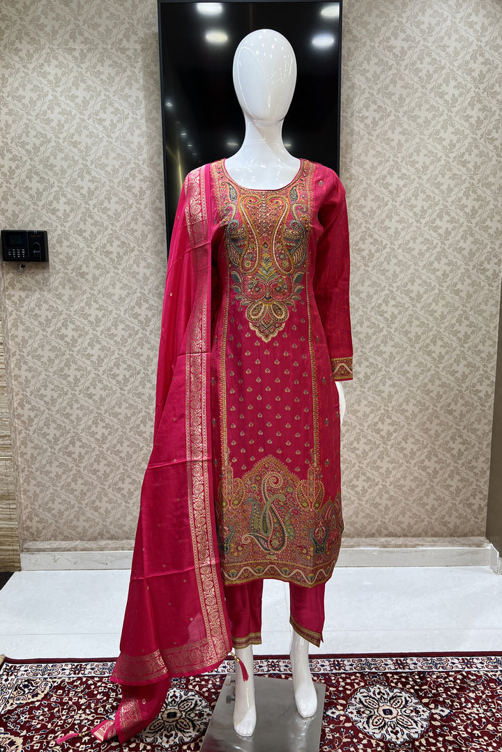 Rani Pink Beads, Sequins and Banaras work Straight Cut Salwar Suit