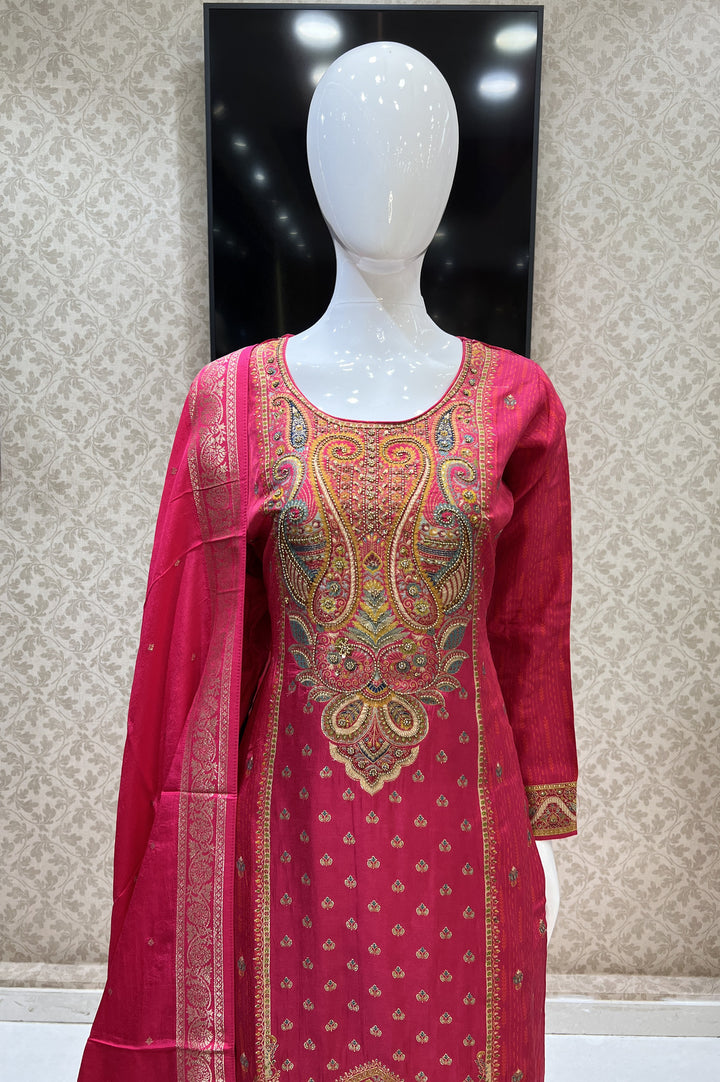 Rani Pink Beads, Sequins and Banaras work Straight Cut Salwar Suit