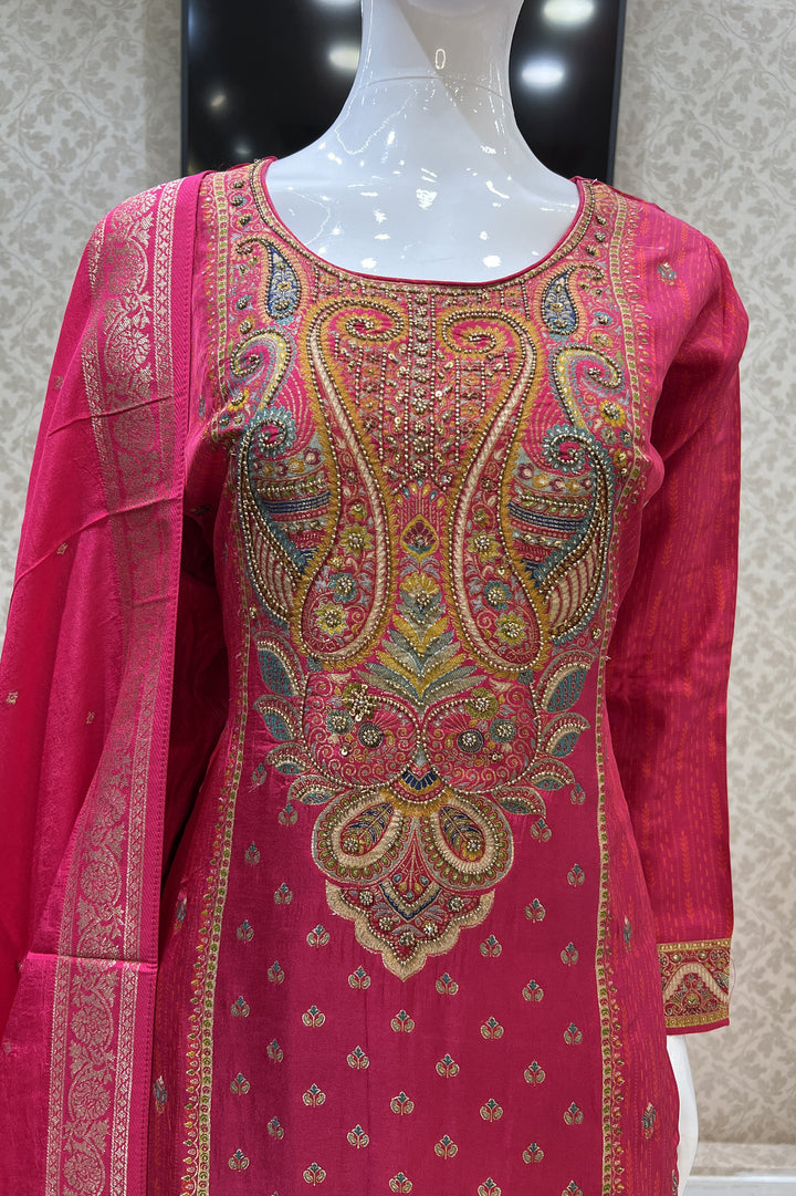 Rani Pink Beads, Sequins and Banaras work Straight Cut Salwar Suit