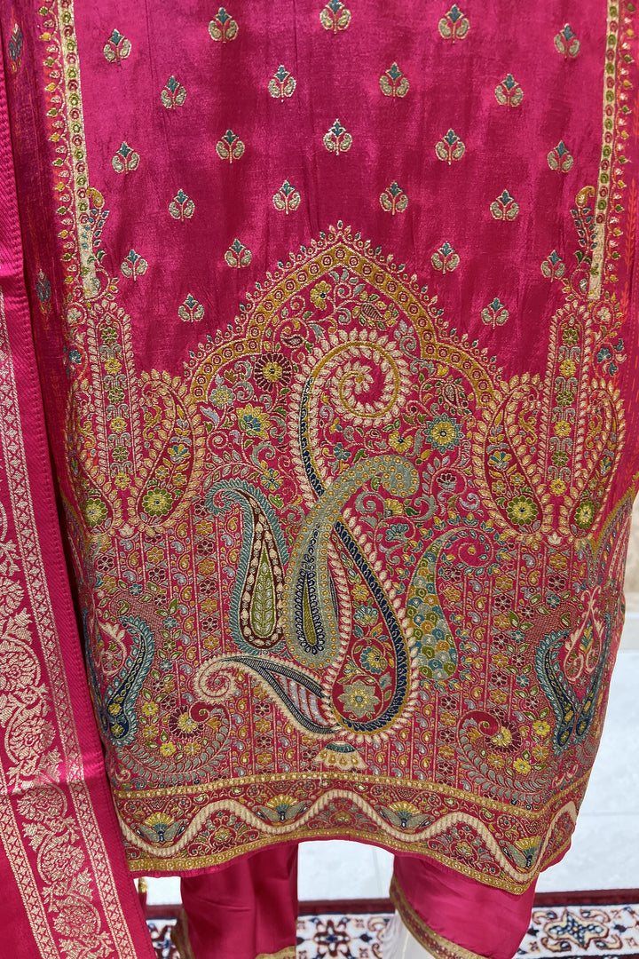 Rani Pink Beads, Sequins and Banaras work Straight Cut Salwar Suit