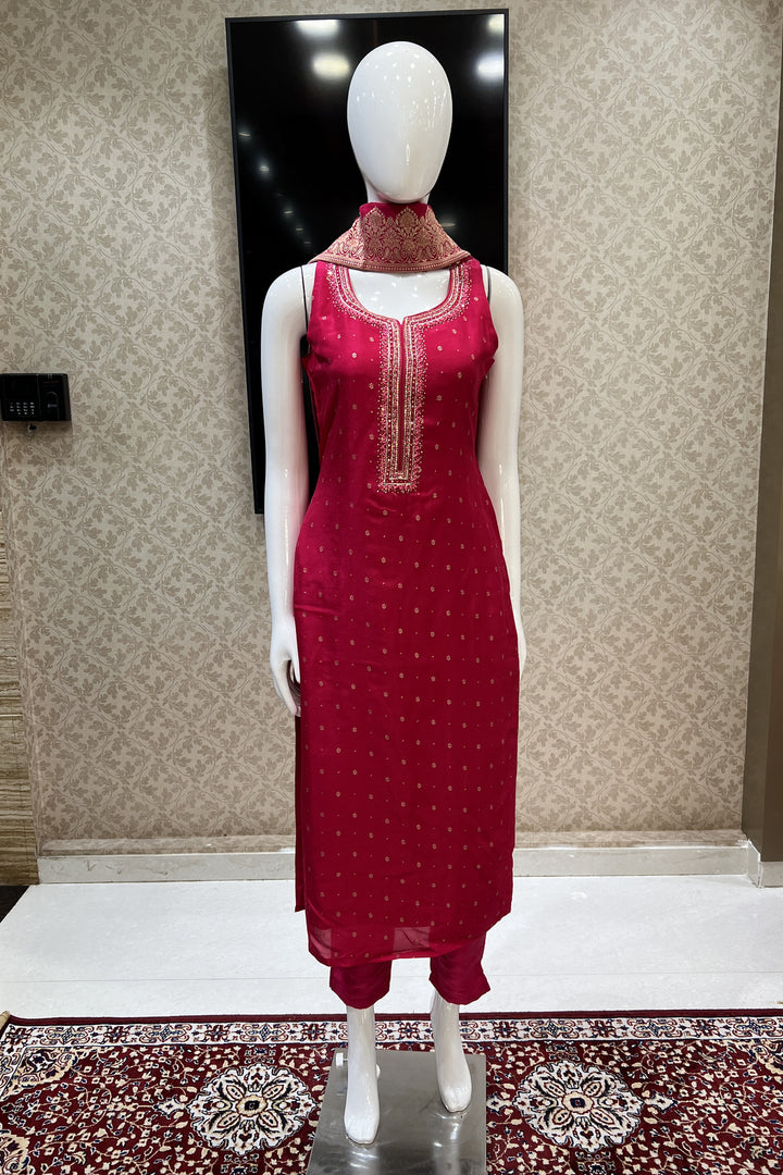 Rani Pink Banaras Butta, Mirror, Thread, Sequins and Stone work Straight Cut Salwar Suit