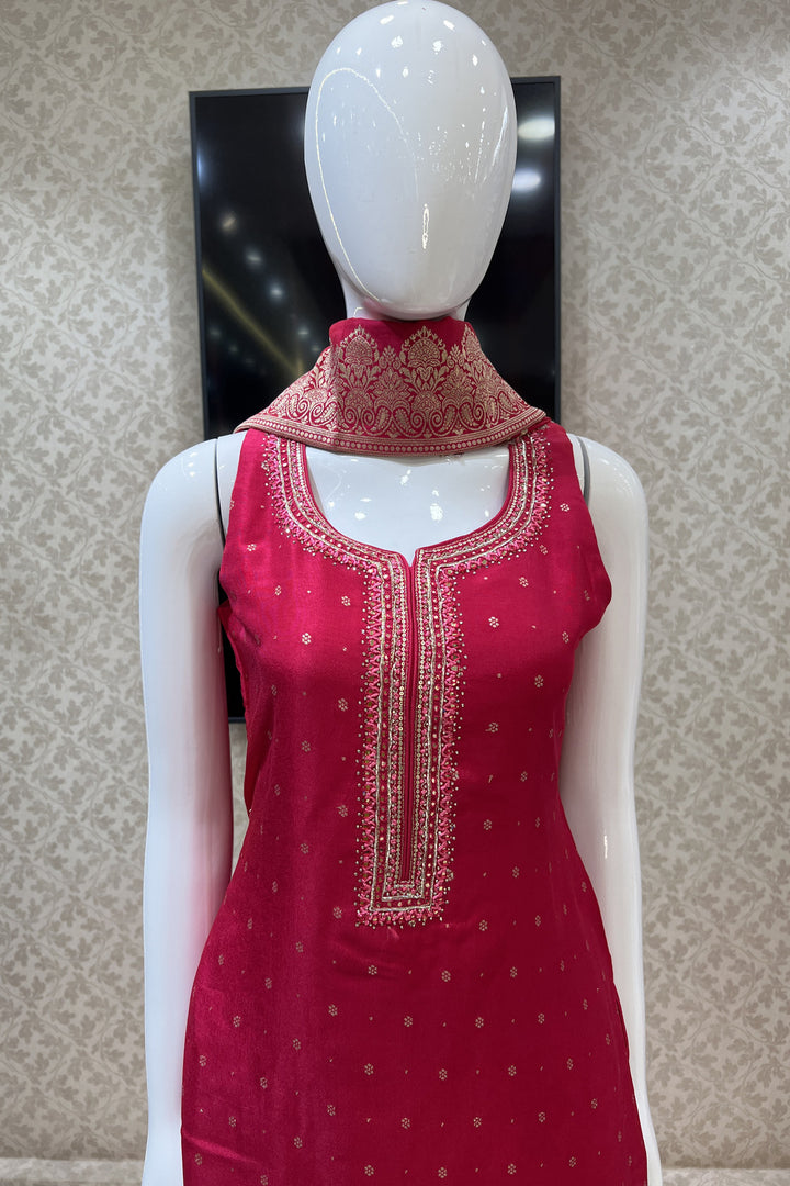 Rani Pink Banaras Butta, Mirror, Thread, Sequins and Stone work Straight Cut Salwar Suit