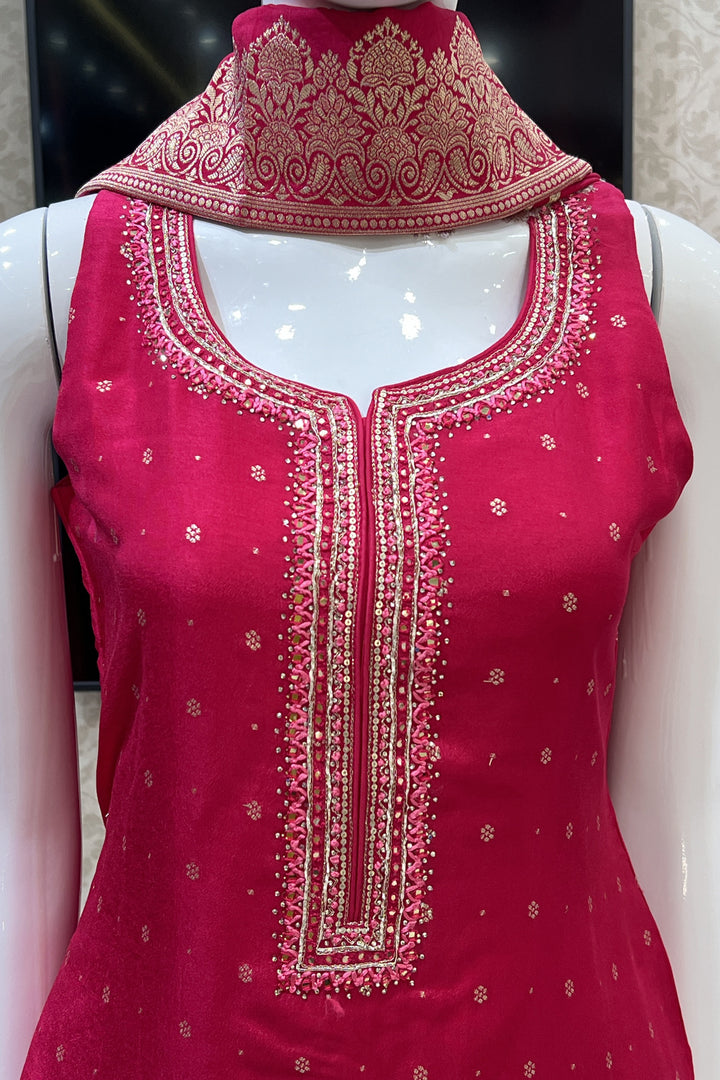 Rani Pink Banaras Butta, Mirror, Thread, Sequins and Stone work Straight Cut Salwar Suit