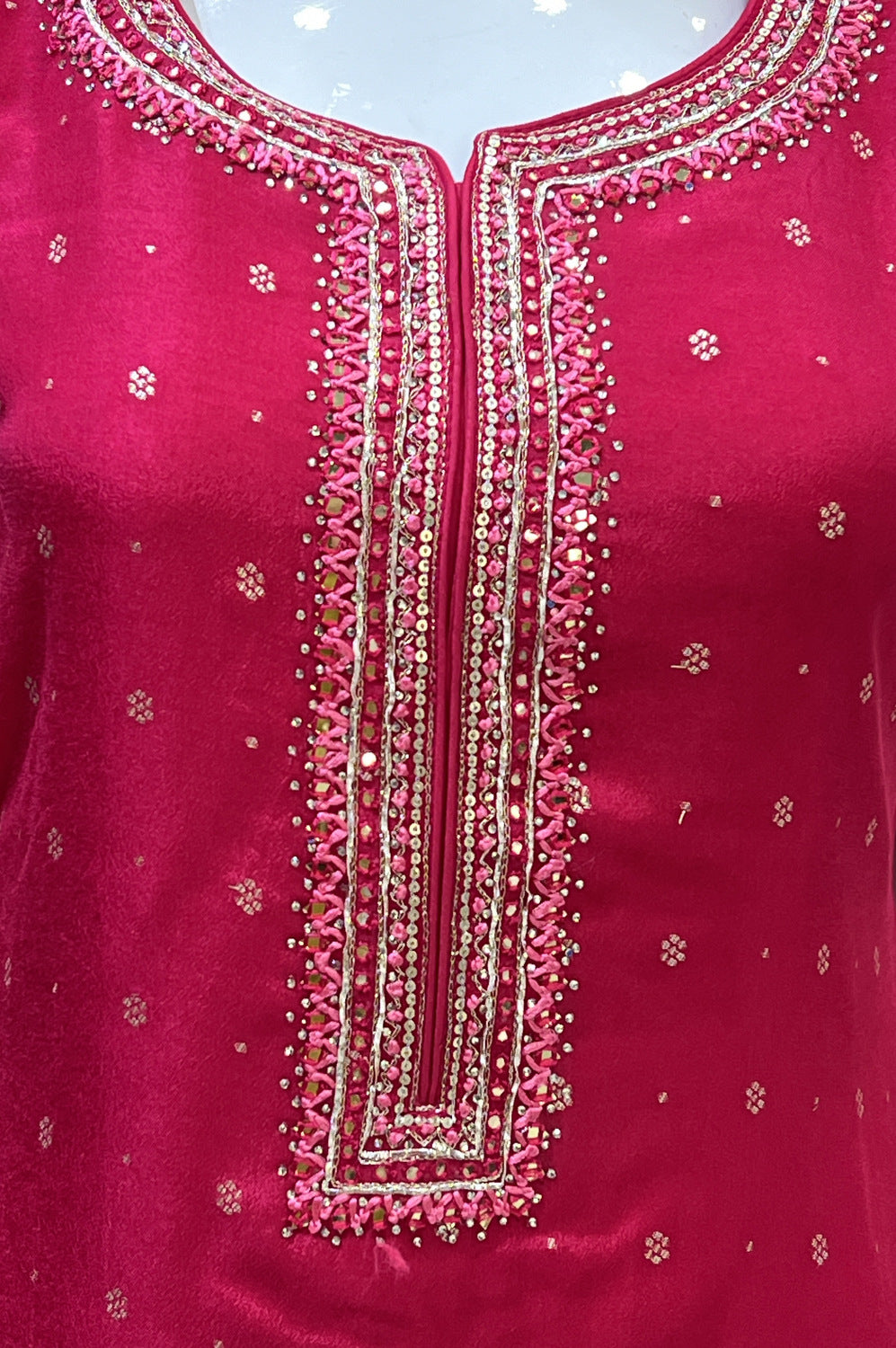 Rani Pink Banaras Butta, Mirror, Thread, Sequins and Stone work Straight Cut Salwar Suit