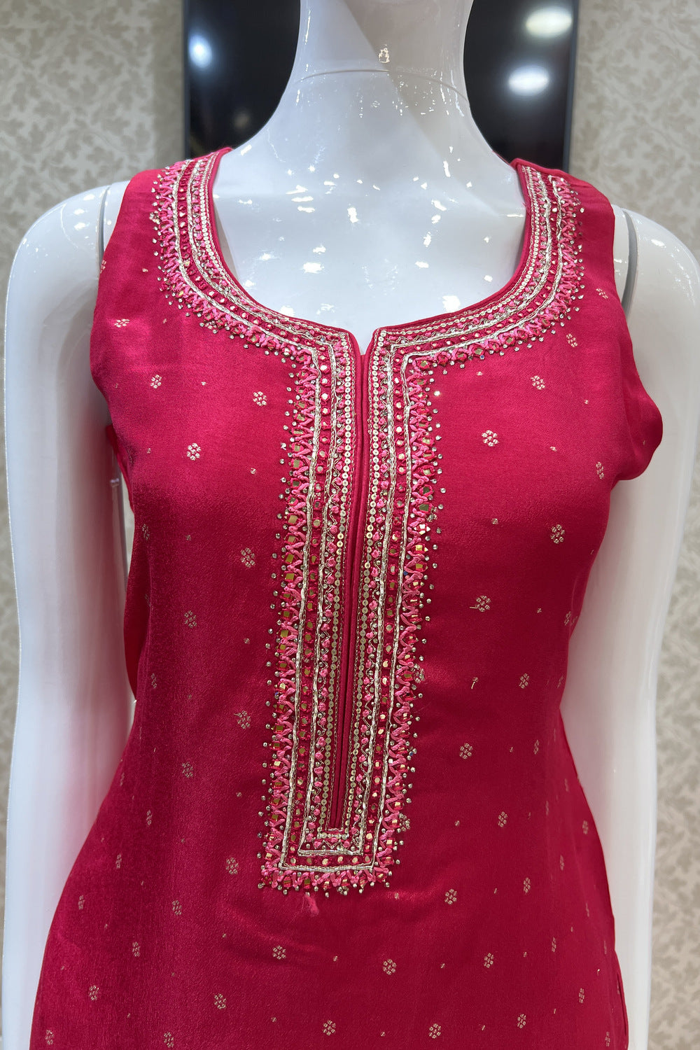 Rani Pink Banaras Butta, Mirror, Thread, Sequins and Stone work Straight Cut Salwar Suit