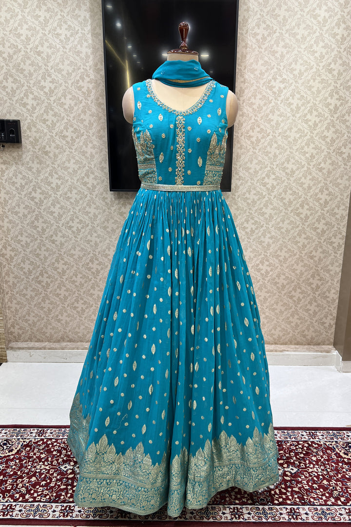 Rama Blue Banaras, Mirror, Zardozi, Beads and Sequins work Floor Length Anarkali Suit