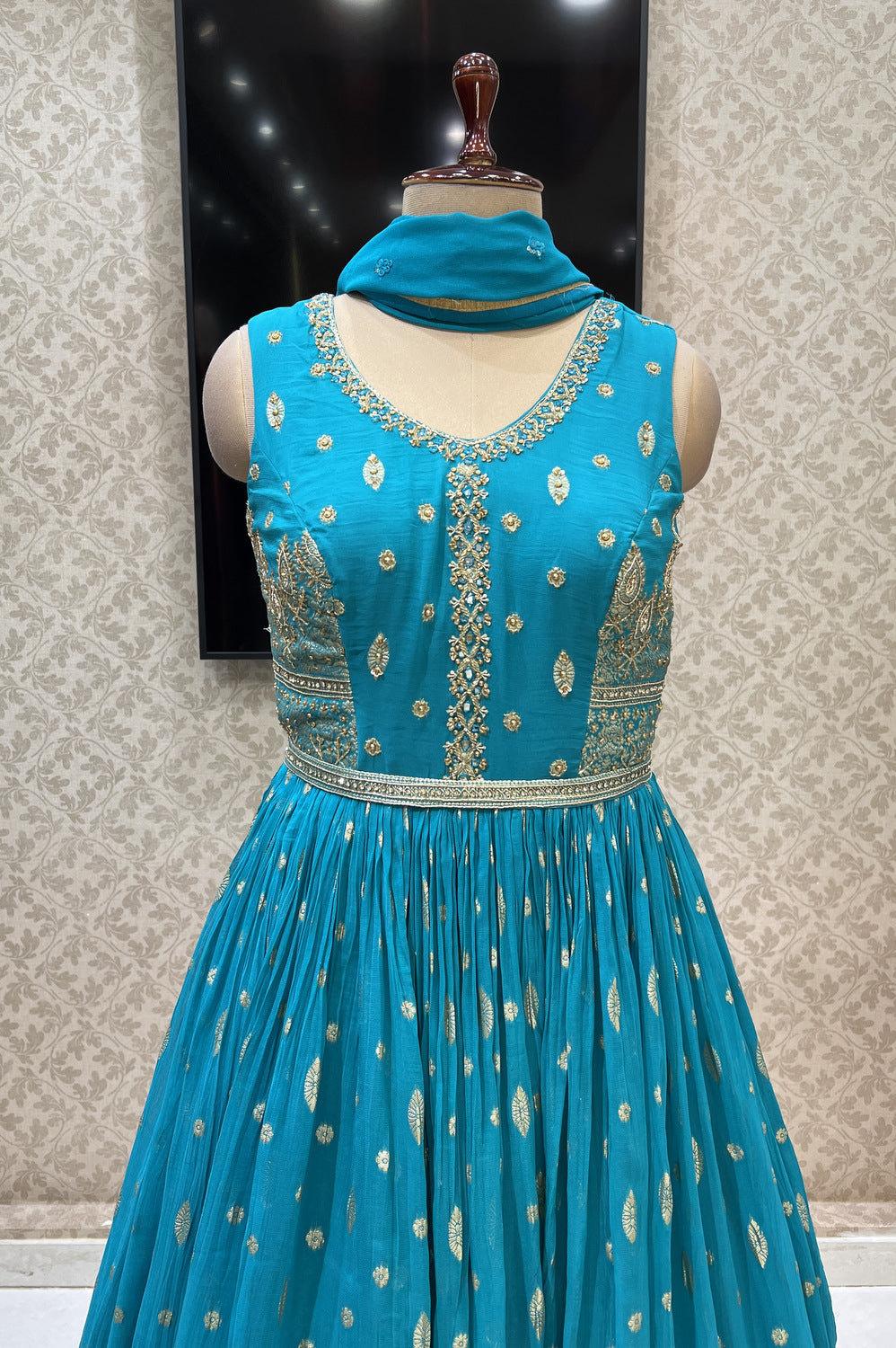 Rama Blue Banaras, Mirror, Zardozi, Beads and Sequins work Floor Length Anarkali Suit