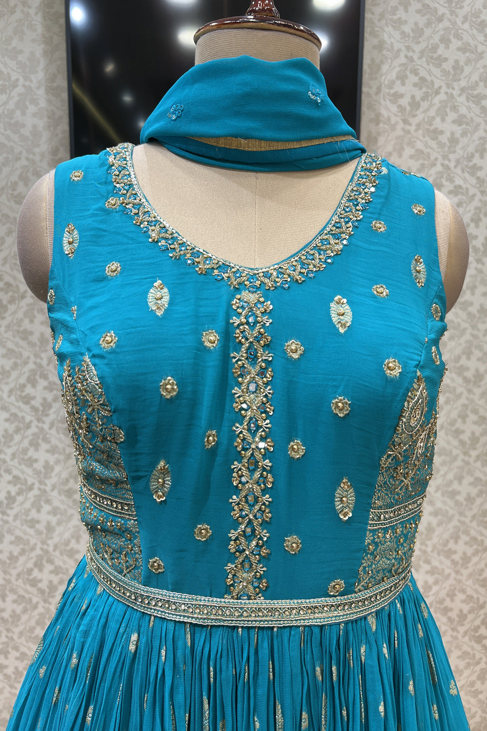 Rama Blue Banaras, Mirror, Zardozi, Beads and Sequins work Floor Length Anarkali Suit