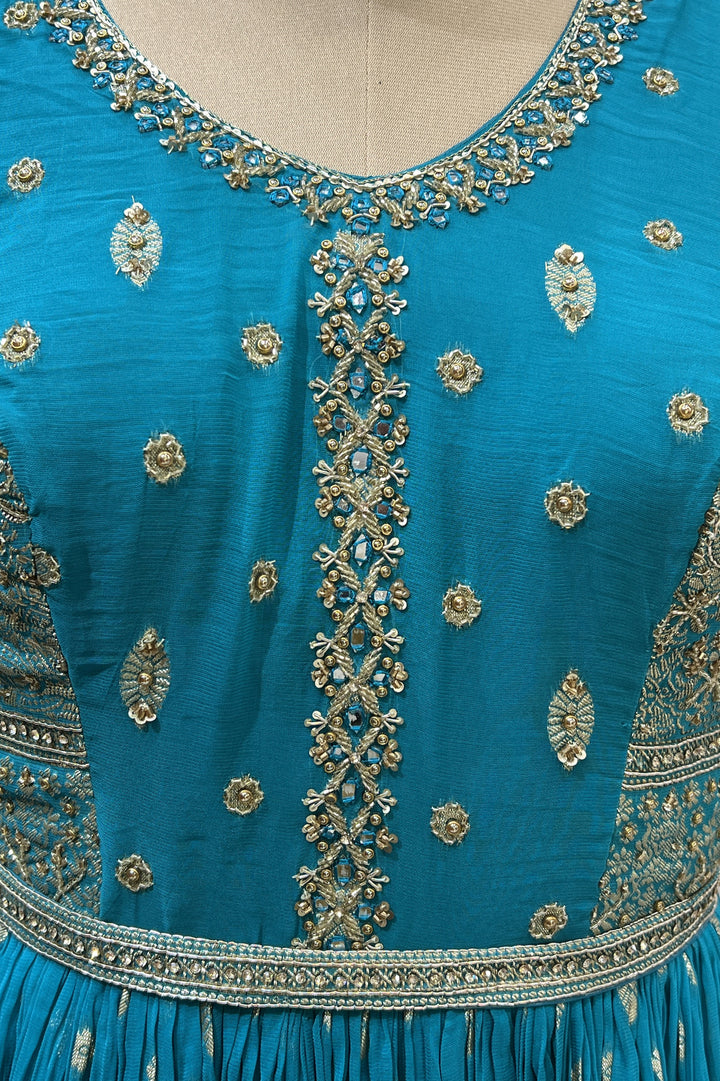 Rama Blue Banaras, Mirror, Zardozi, Beads and Sequins work Floor Length Anarkali Suit