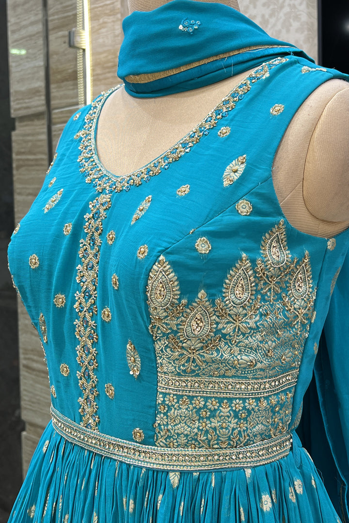 Rama Blue Banaras, Mirror, Zardozi, Beads and Sequins work Floor Length Anarkali Suit