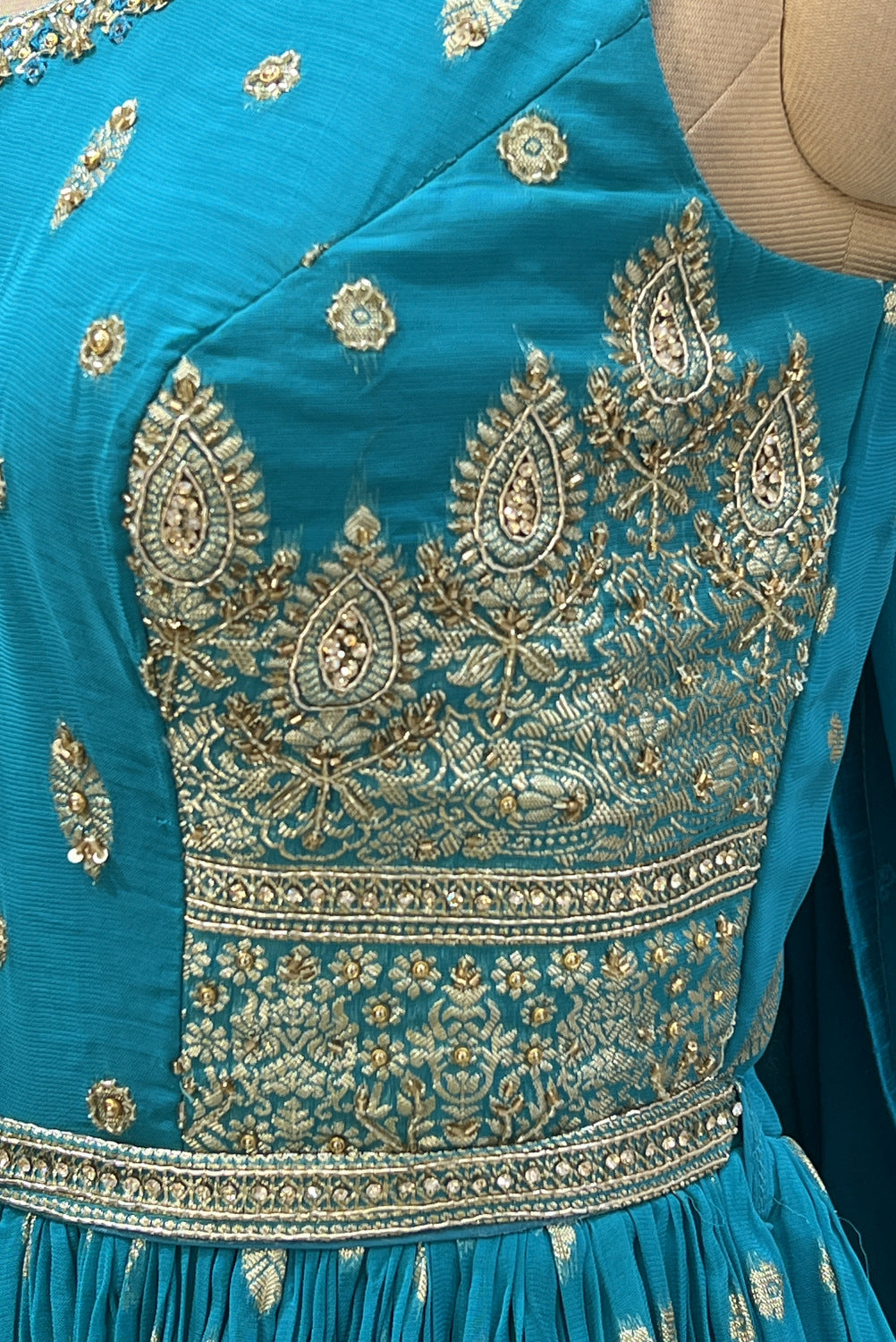 Rama Blue Banaras, Mirror, Zardozi, Beads and Sequins work Floor Length Anarkali Suit