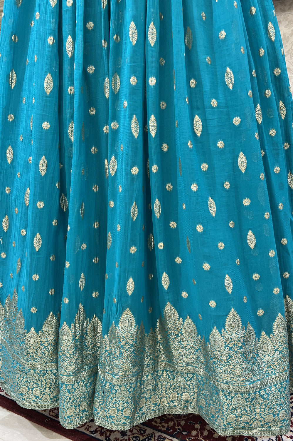 Rama Blue Banaras, Mirror, Zardozi, Beads and Sequins work Floor Length Anarkali Suit