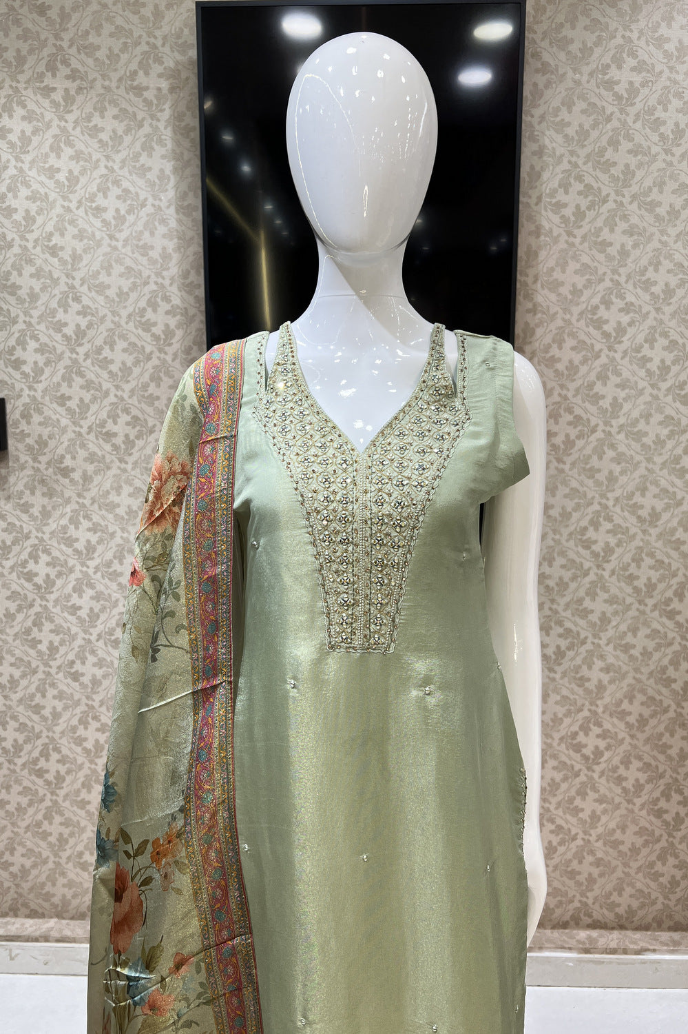 Pista Green Mirror, Stone and Thread work Straight Cut Salwar Suit with Floral Print Dupatta