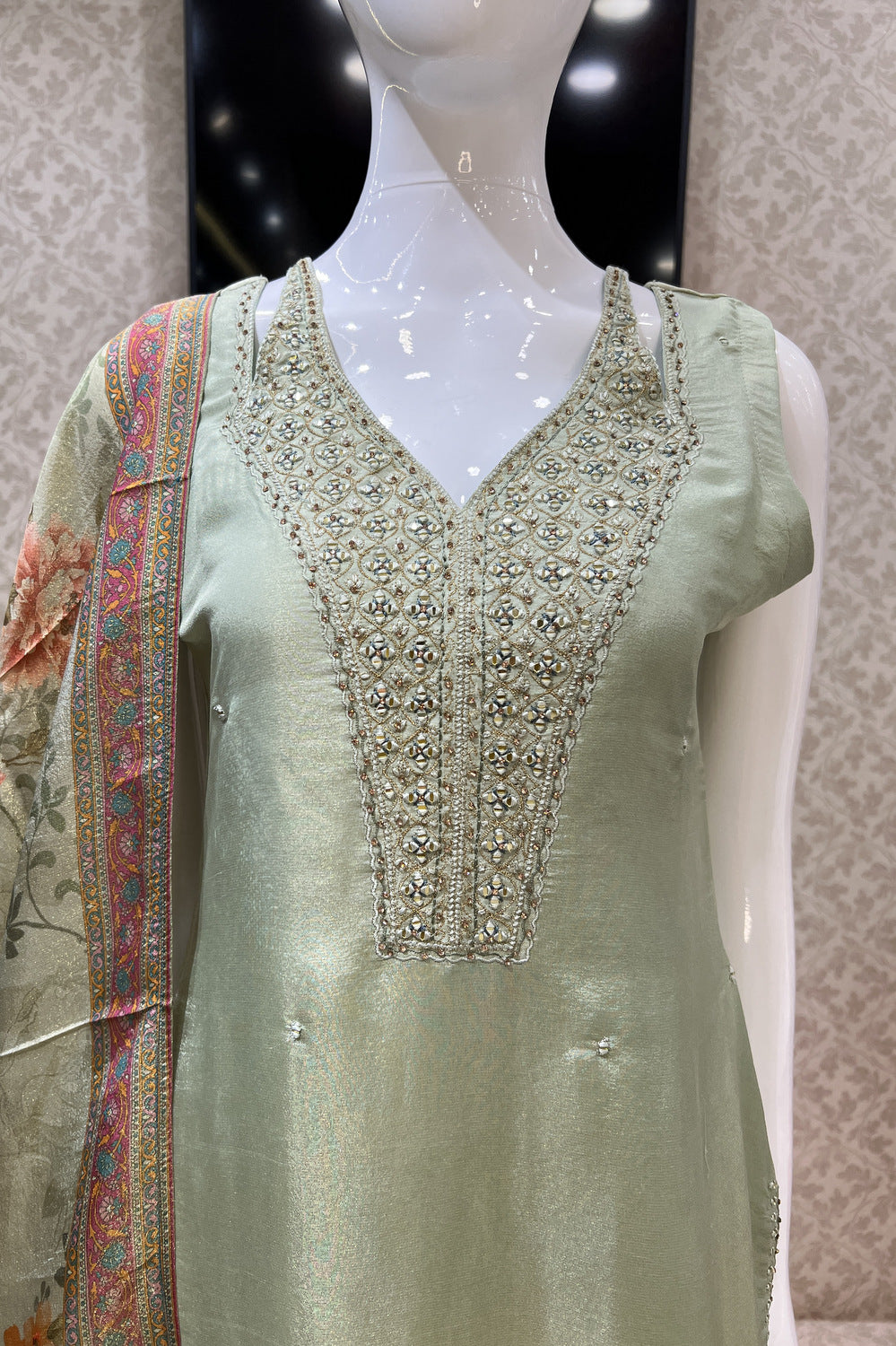 Pista Green Mirror, Stone and Thread work Straight Cut Salwar Suit with Floral Print Dupatta