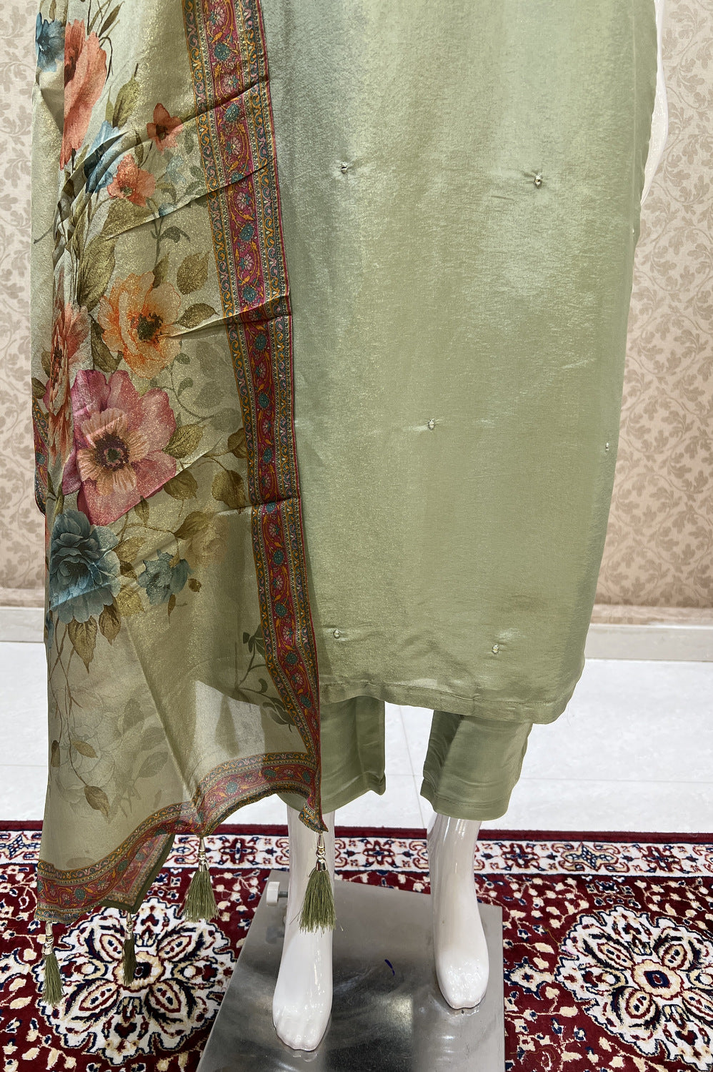 Pista Green Mirror, Stone and Thread work Straight Cut Salwar Suit with Floral Print Dupatta