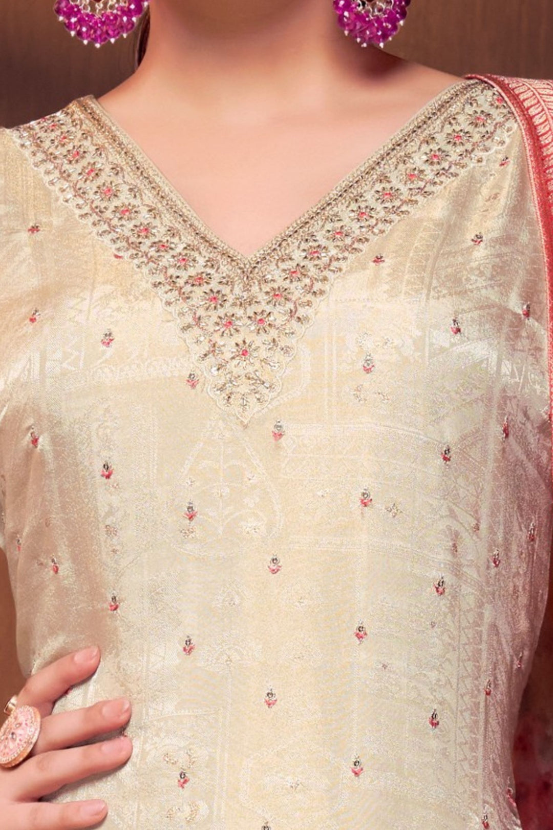 Beige Sequins, Beads and Zari work Straight Cut Salwar Suit