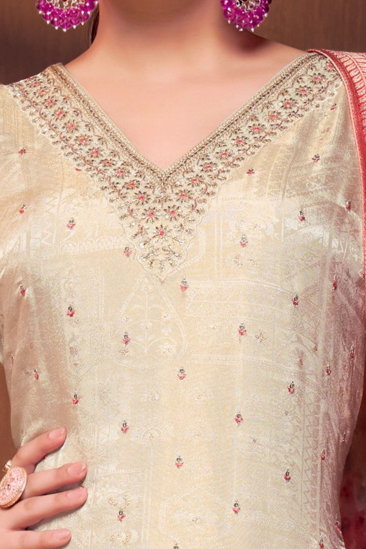 Beige Sequins, Beads and Zari work Straight Cut Salwar Suit