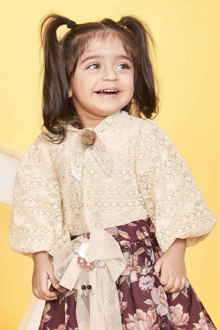 Cream with Wine Floral Print Top and Skirt for Girls